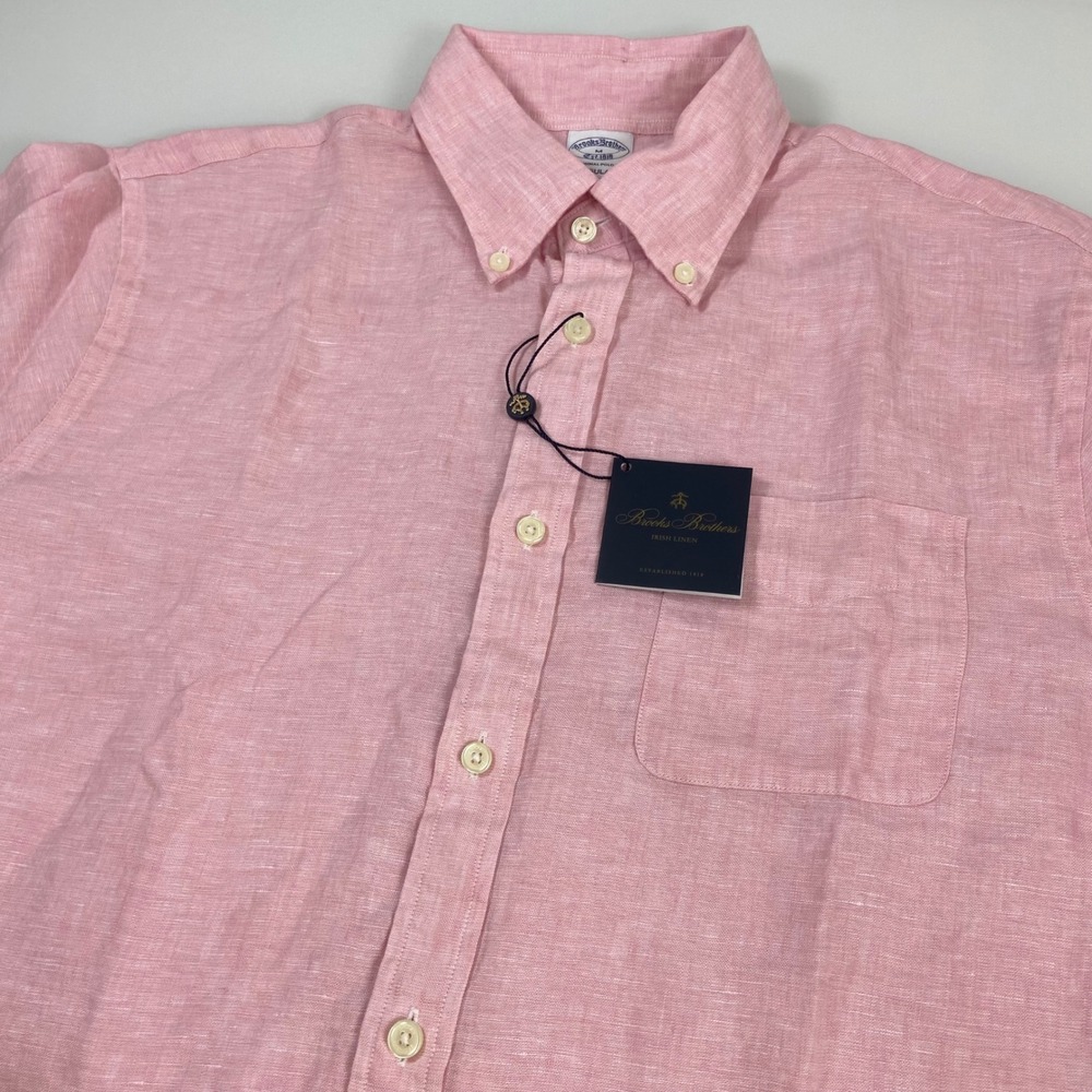 Brooks Brothers Mens Medium Pink Irish Linen Short Sleeve Button Down Shirt NEW
